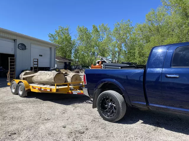 blue truck hauling tree logs on a trailer